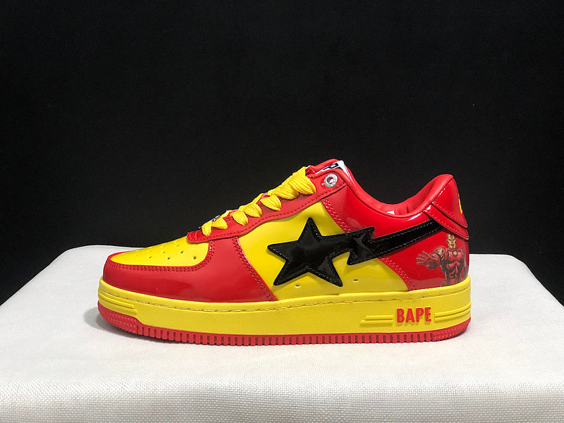 BAPE STA Glossy Low-Top Sneakers - Red, Yellow & Black