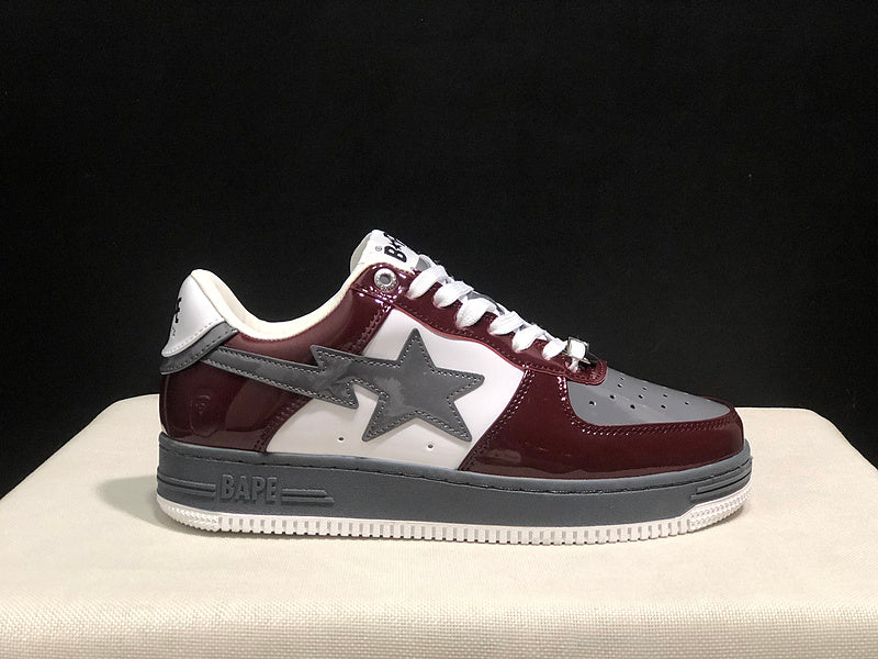 BAPE STA Glossy Low-Top Sneakers - Burgundy, Grey & White