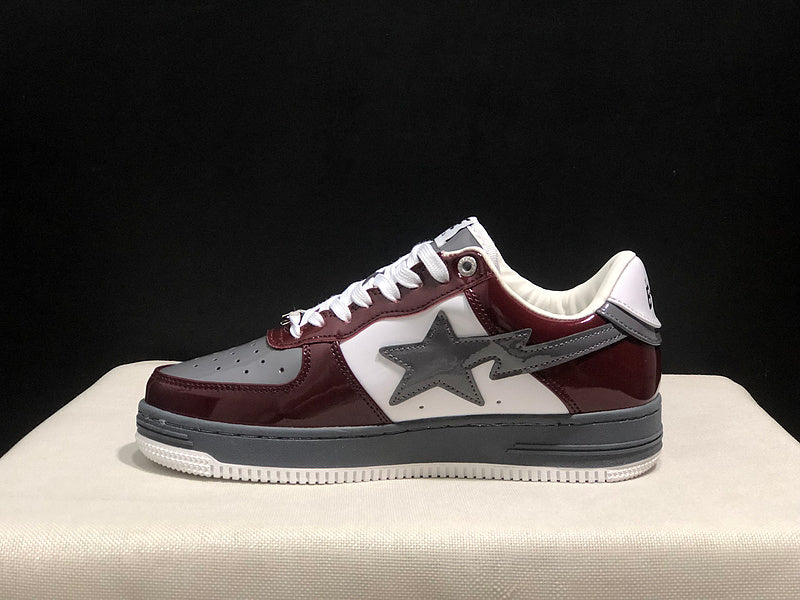 BAPE STA Glossy Low-Top Sneakers - Burgundy, Grey & White