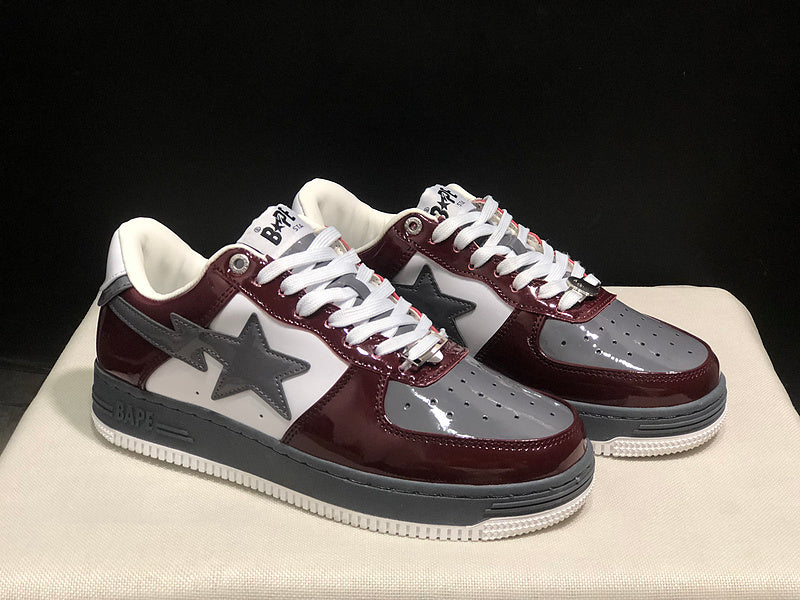 BAPE STA Glossy Low-Top Sneakers - Burgundy, Grey & White