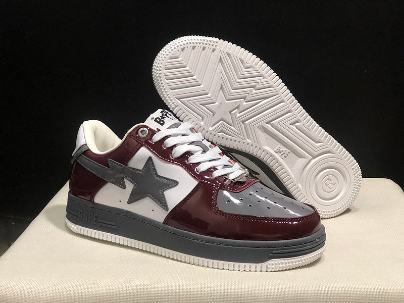BAPE STA Glossy Low-Top Sneakers - Burgundy, Grey & White