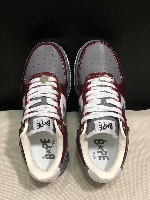 BAPE STA Glossy Low-Top Sneakers - Burgundy, Grey & White