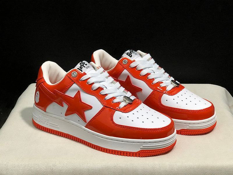BAPE STA Glossy Low-Top Sneakers - Orange-Red & White