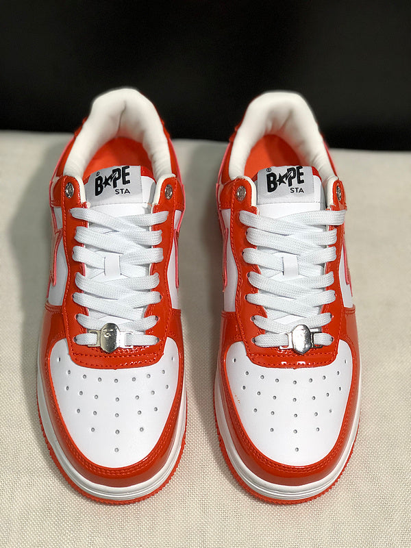 BAPE STA Glossy Low-Top Sneakers - Orange-Red & White