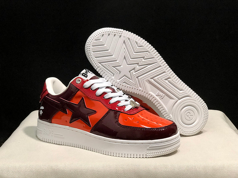 BAPE STA Glossy Low-Top Sneakers - Burgundy, Orange & Red