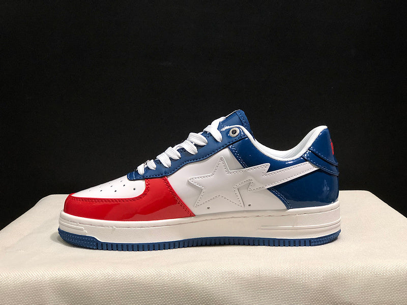 BAPE STA Glossy Low-Top Sneakers - White, Red & Navy Blue