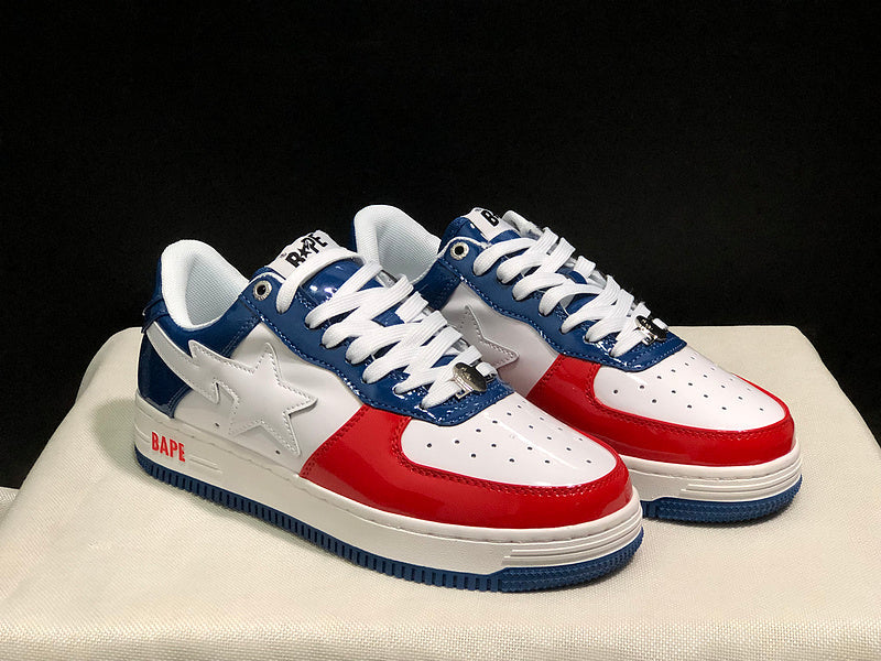 BAPE STA Glossy Low-Top Sneakers - White, Red & Navy Blue