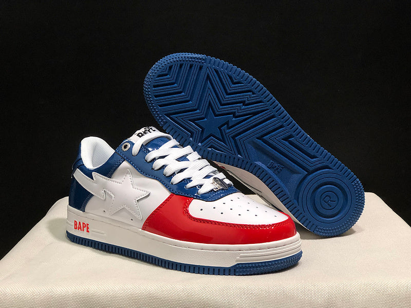 BAPE STA Glossy Low-Top Sneakers - White, Red & Navy Blue