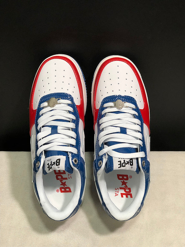 BAPE STA Glossy Low-Top Sneakers - White, Red & Navy Blue