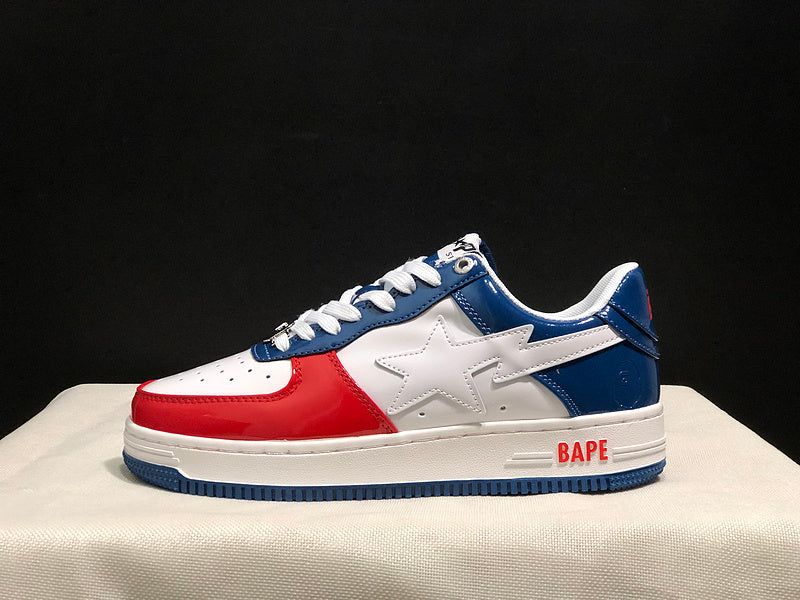 BAPE STA Glossy Low-Top Sneakers - White, Red & Navy Blue
