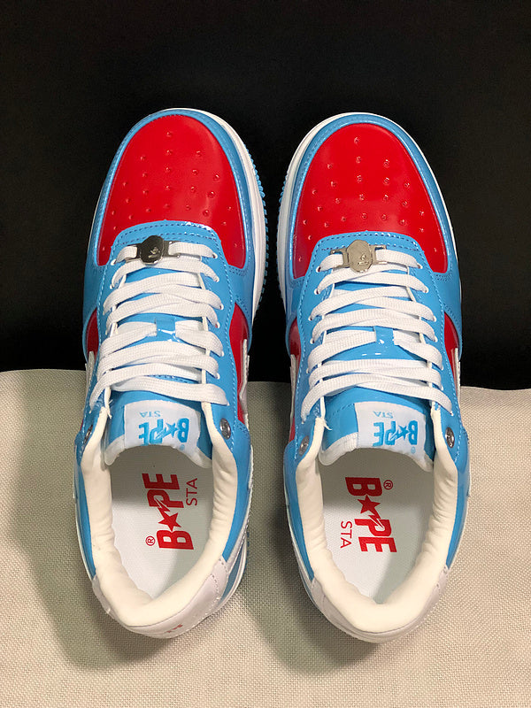 BAPE STA Glossy Low-Top Sneakers - Sky Blue, Red & White