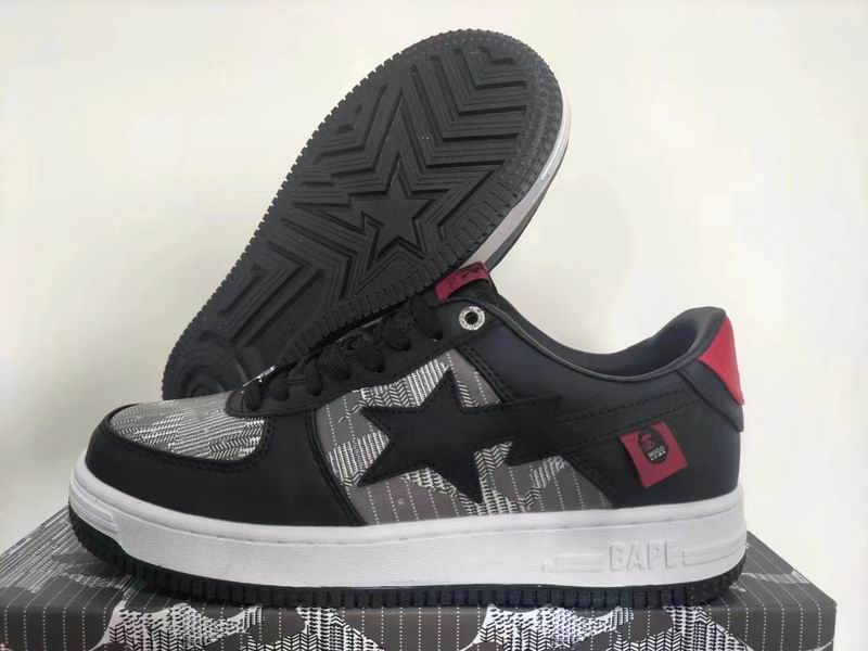 BAPE STA Low-Top Sneakers – Black & Grey Plaid with Red Accents